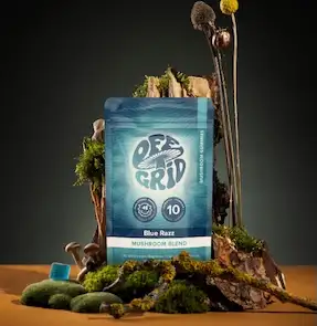 Off Grid Mushroom Gummies Blue Razz, 300 mg per gummy, pouch, front