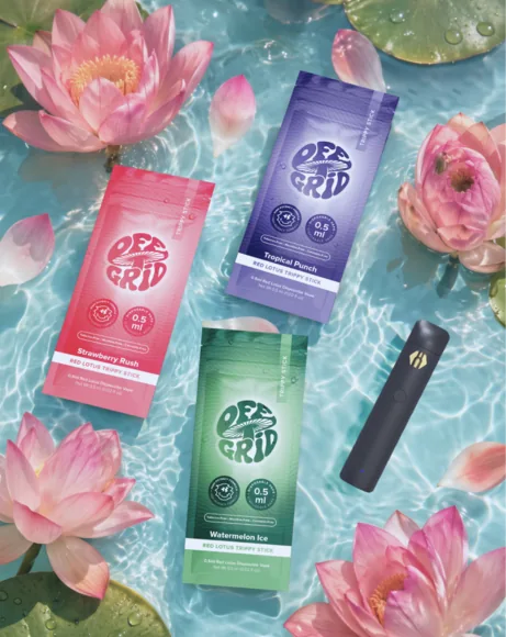 Three Off Grid Trippy Sticks among lotus flowers